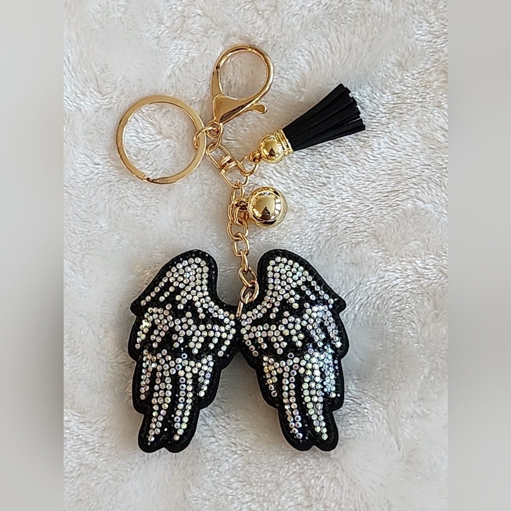 Elegant Black and Silver Angel Wing Keychain Bag Charm